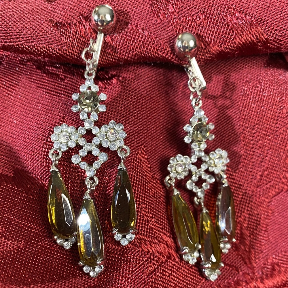 Vintage Black Diamond/Smokey Topaz Chandelier Clip-on Earrings. Signed N R.